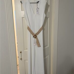 Zara Elegant White pants jumpsuit with Tan Belt NWT